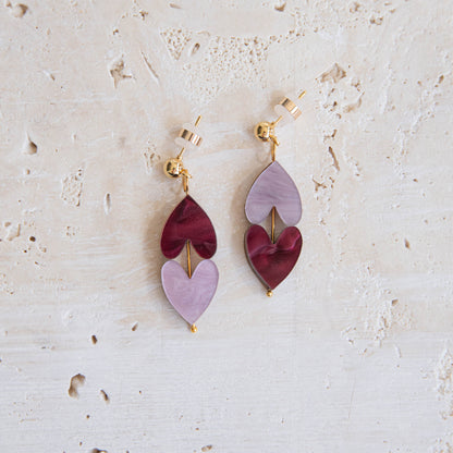 Queen of Hearts Drop Earrings in Merlot Red & Lilac Marble