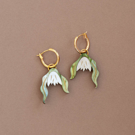 Snowdrop Flower Hoop Earrings in Pearly White