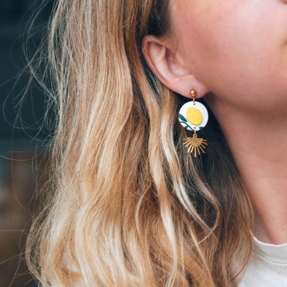 Lemon Tree with Brass Drop Earrings, Embroidery Floral Inspired