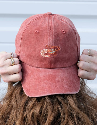 Shrimp Embroidered Cap Hat, Washed Brick Colour