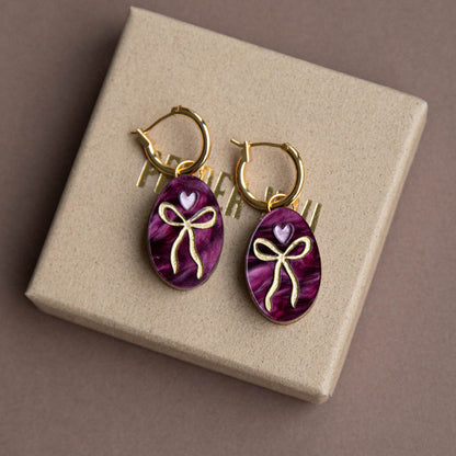 Oval Bow Charm Hoop Earrings