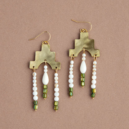 Brass Life Statement Earrings with Green and Pearl Beads