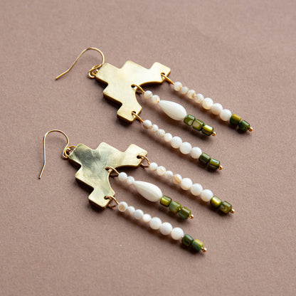 Brass Life Statement Earrings with Green and Pearl Beads