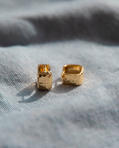 Hammered Square Hoop Earrings - Gold Plated Recycled Sterling Silver