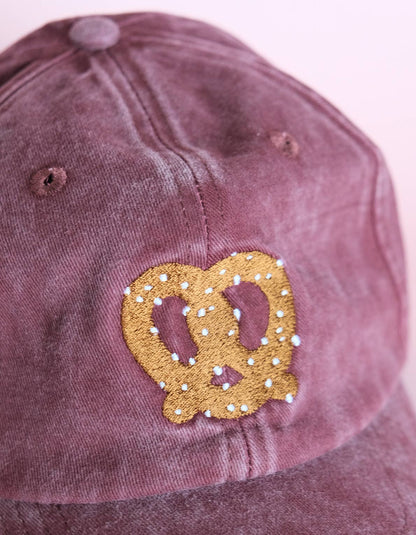 Pretzel Embroidered Cap Hat - Washed Burgundy
