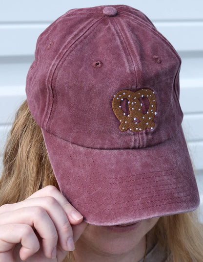Pretzel Embroidered Cap Hat - Washed Burgundy