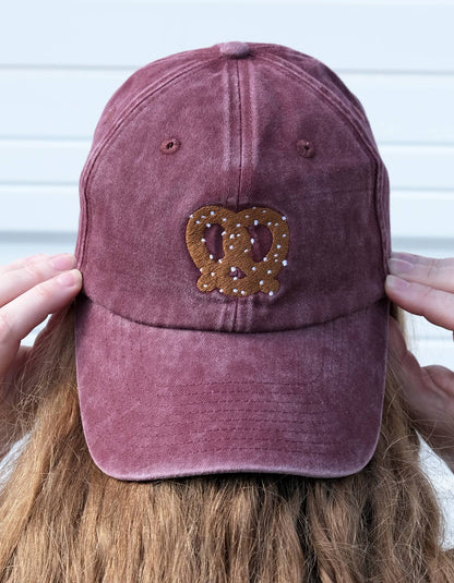 Pretzel Embroidered Cap Hat - Washed Burgundy