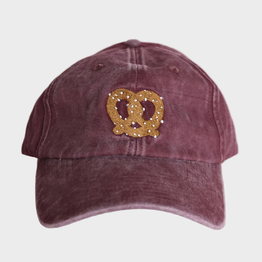 Pretzel Embroidered Cap Hat - Washed Burgundy