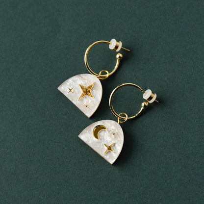 Moon Rising Arc Hoops in White Marble & Gold