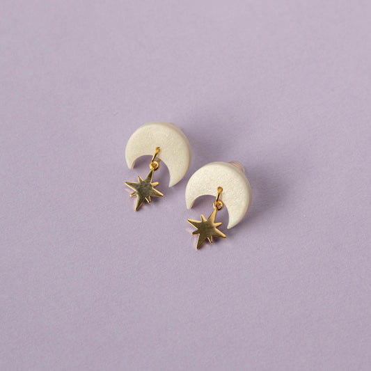 Celestial Gold Star Stud Earrings in Pearly White