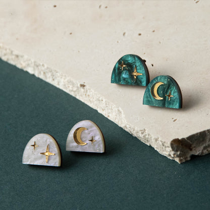 Moon Rising Arc Studs in Teal Marble
