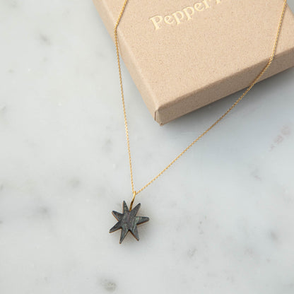 Hand Drawn Star Gold Necklace in Smoke Black Sparkle