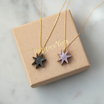 Hand Drawn Star Gold Necklace in Smoke Black Sparkle