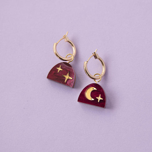 Mini Moon Rising Arc Hoops in Merlot Red Marble & Gold