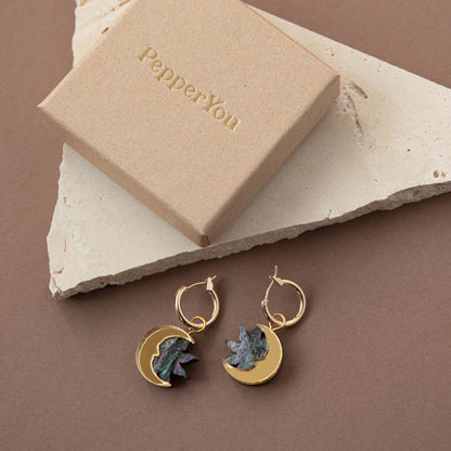 Daydream Sun & Moon Hoop Earrings in Merlot Red Marble & Gold