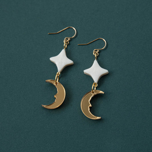 Star & Moon Drop Crescent Moon Earrings in Pearly White