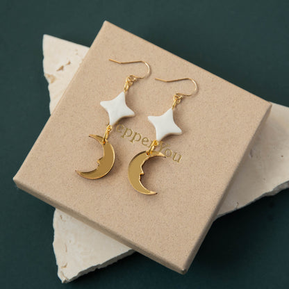Star & Moon Drop Crescent Moon Earrings in Pearly White