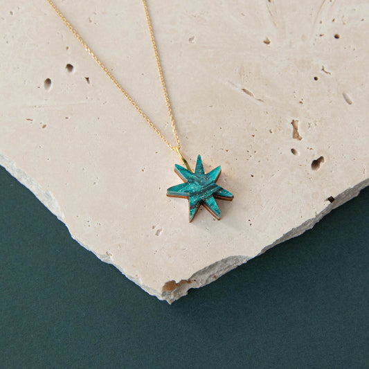 Hand Drawn Star Gold Necklace in Marble Teal Sparkle