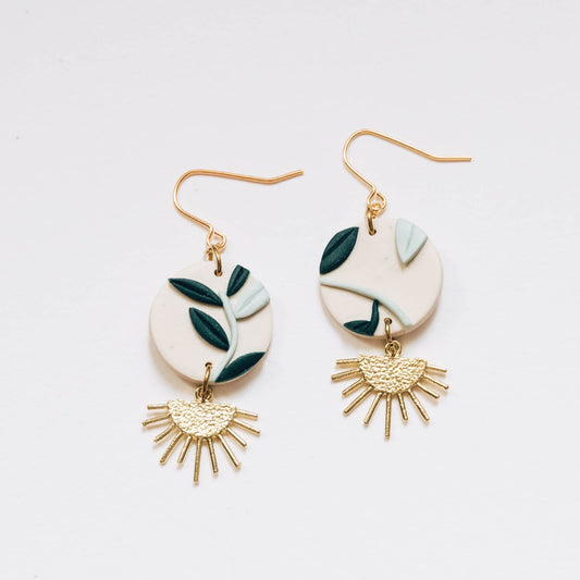Foliage with Brass Drop Earrings, Embroidery Floral Inspired