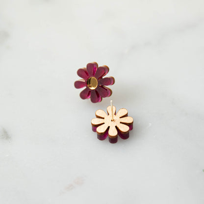 Daisy Stud Earrings in Aubergine Purple and Gold