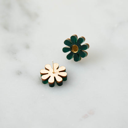 Daisy Stud Earrings in Aubergine Purple and Gold