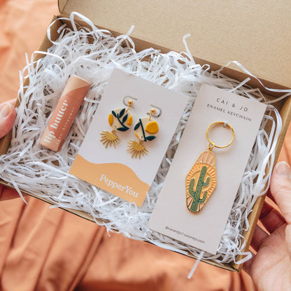 Letterbox Gift Set, Lip Butter, Keyring and Lemon Tree Earrings