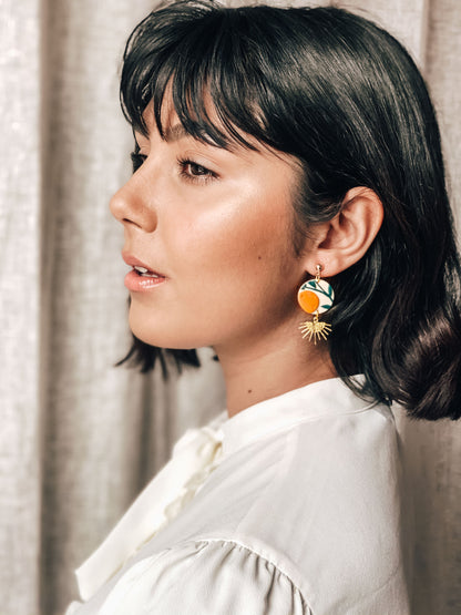 Orange Tree with Brass Drop Earrings, Embroidery Floral Inspired